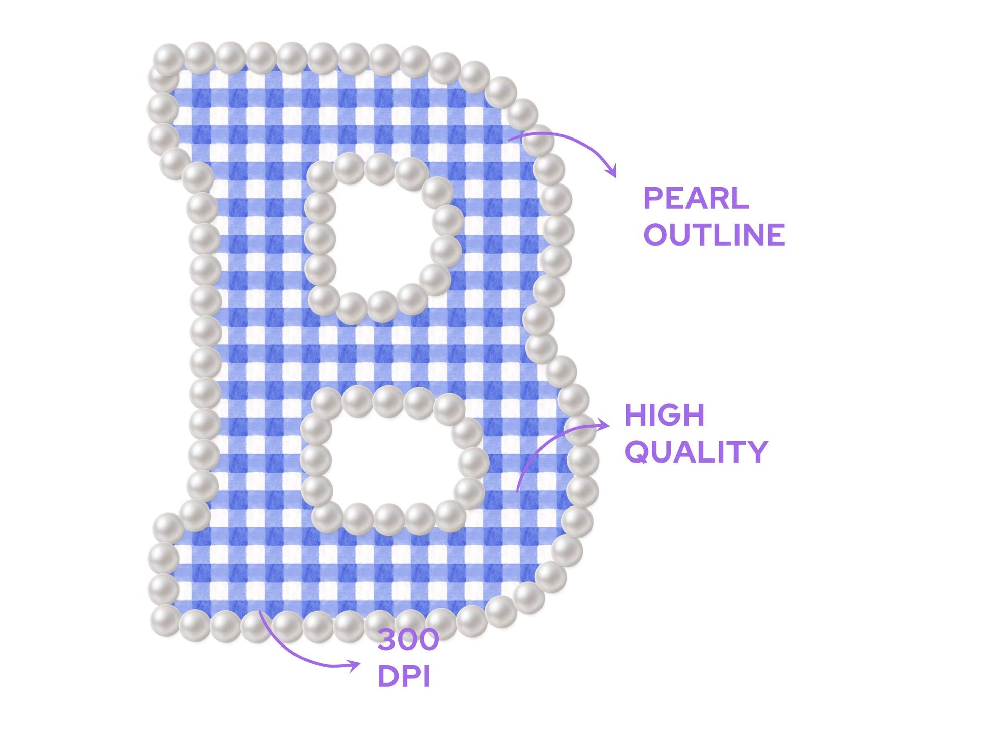 Pearl Alphabet Clipart: Hand-Drawn Gingham Letter Set (PNG Digital File)