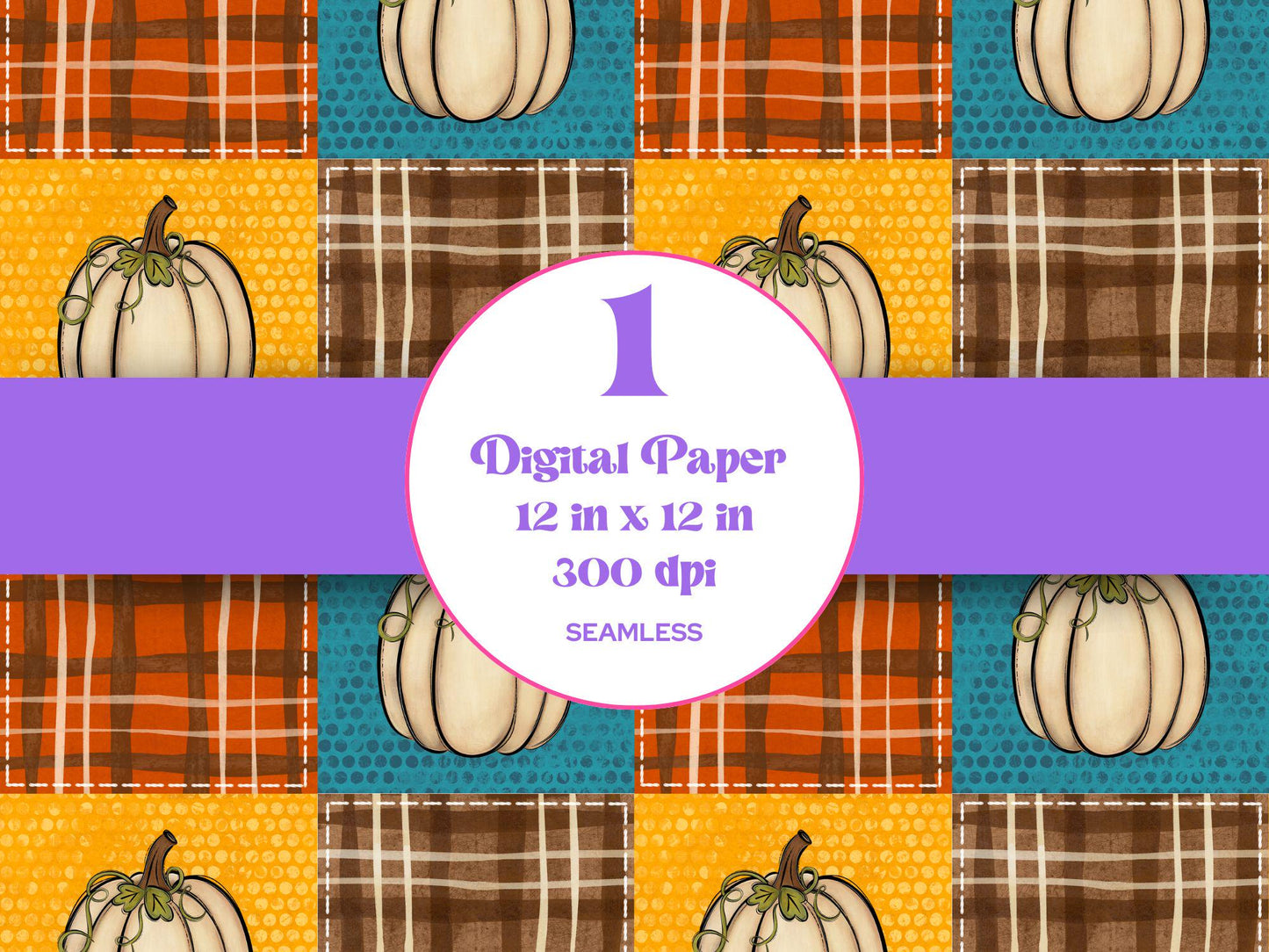 Fall Pumpkin Patchwork Seamless Pattern, Sublimation, Autumn Quilted, Stitches, Plaid