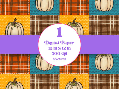 Fall Pumpkin Patchwork Seamless Pattern, Sublimation, Autumn Quilted, Stitches, Plaid