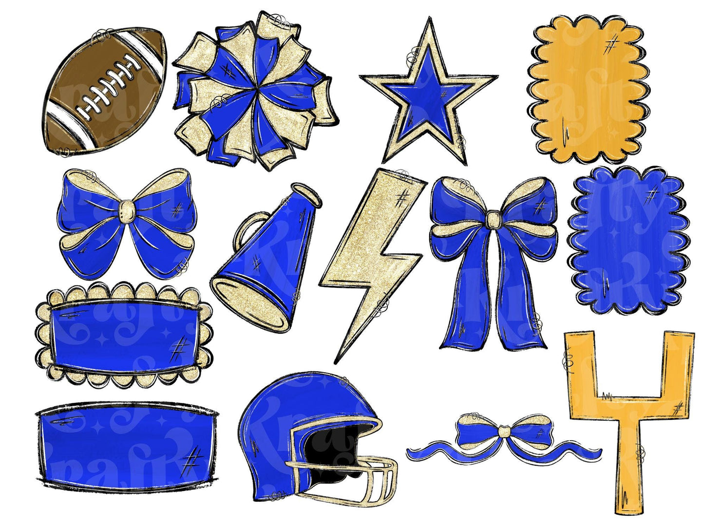 Royal Blue & Gold Football Clipart PNG Bundle: Hand Drawn Designs