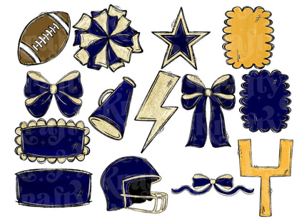 Football Clipart PNG Bundle, Hand Drawn, Commercial Use, School Spirit, Navy