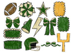 Football Clipart PNG Bundle, Hand Drawn, Commercial Use, School Spirit, Green and Gold Glitter
