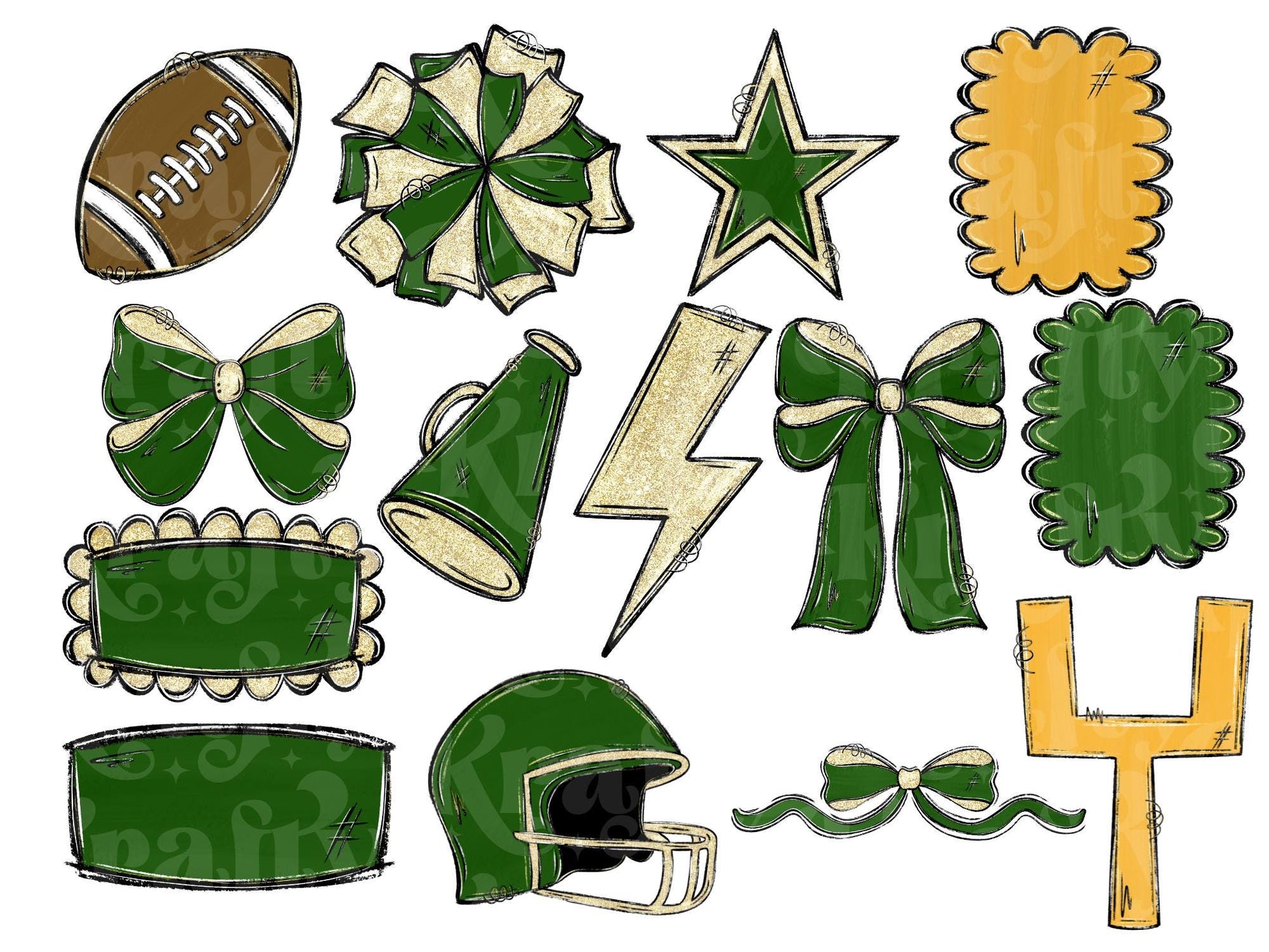 Football Clipart PNG Bundle, Hand Drawn, Commercial Use, School Spirit, Green and Gold Glitter