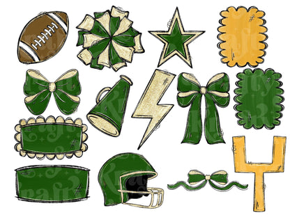 Football Clipart PNG Bundle, Hand Drawn, Commercial Use, School Spirit, Green and Gold Glitter