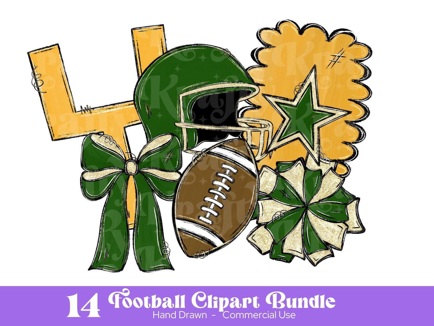 Football Clipart PNG Bundle, Hand Drawn, Commercial Use, School Spirit, Green and Gold Glitter