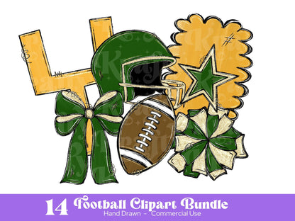Football Clipart PNG Bundle, Hand Drawn, Commercial Use, School Spirit, Green and Gold Glitter