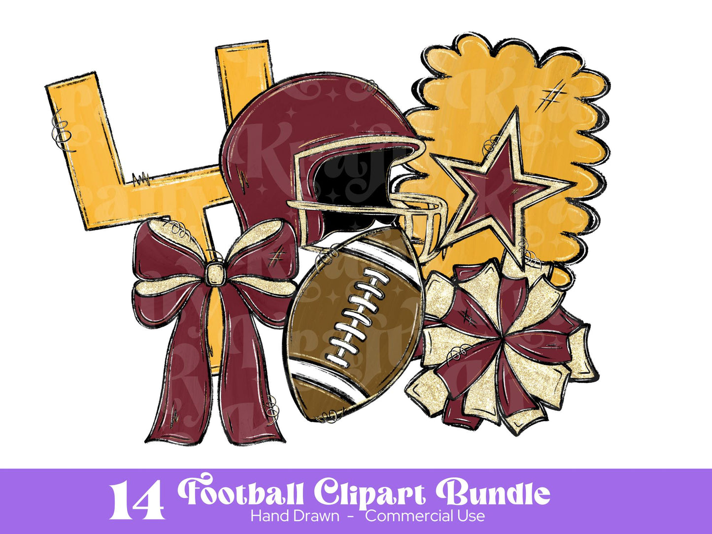 Football Clipart PNG Bundle, Hand Drawn, Commercial Use, Maroon and Gold, School Spirit