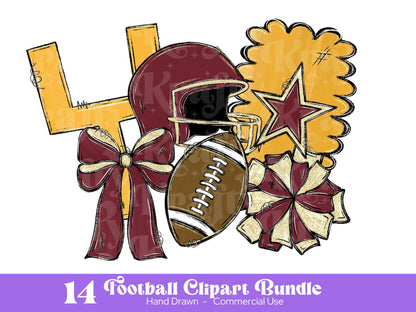 Football Clipart PNG Bundle, Hand Drawn, Commercial Use, Maroon and Gold, School Spirit