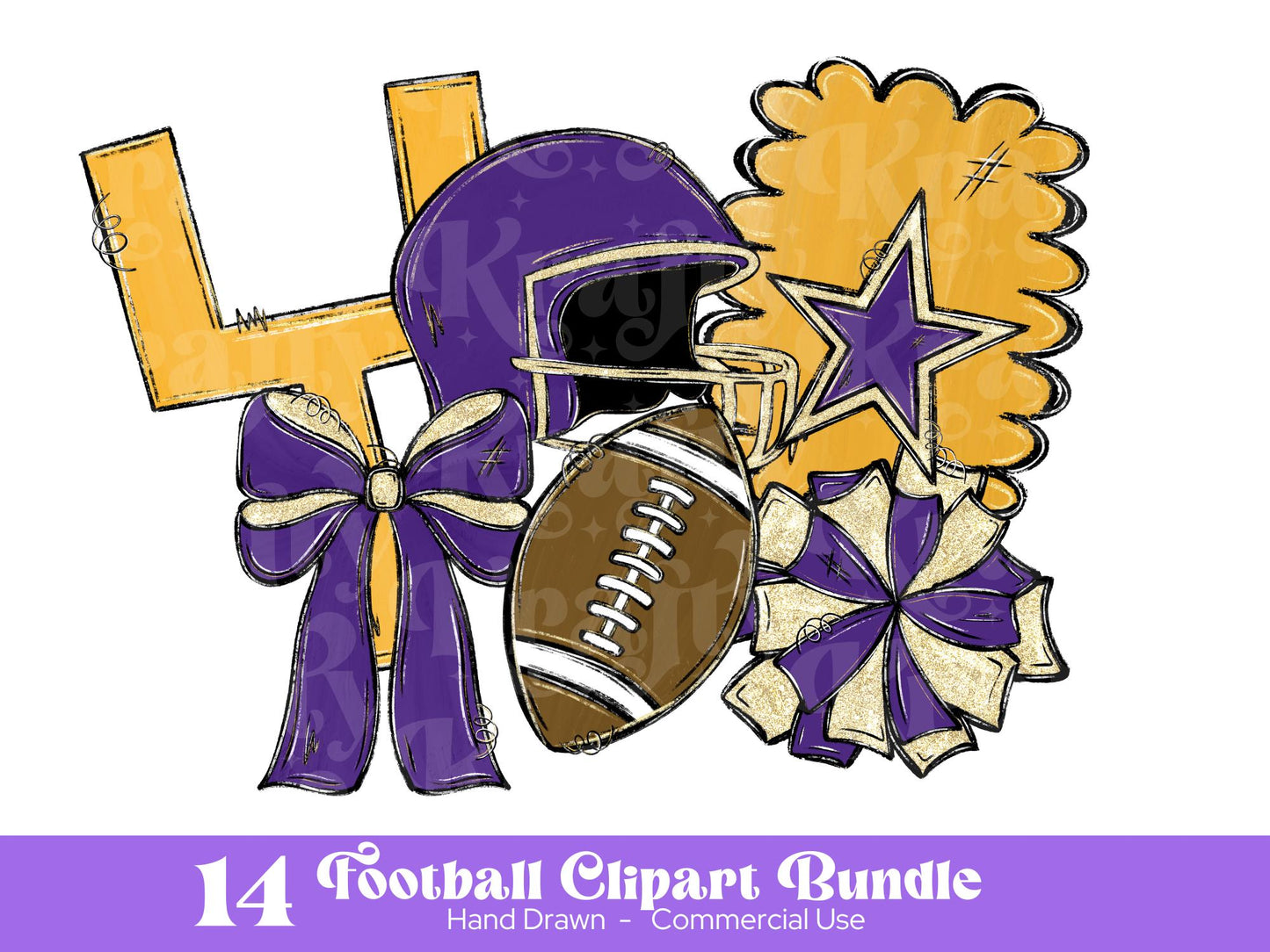 Football Clipart PNG Bundle, Hand Drawn, Commercial Use, School Spirit