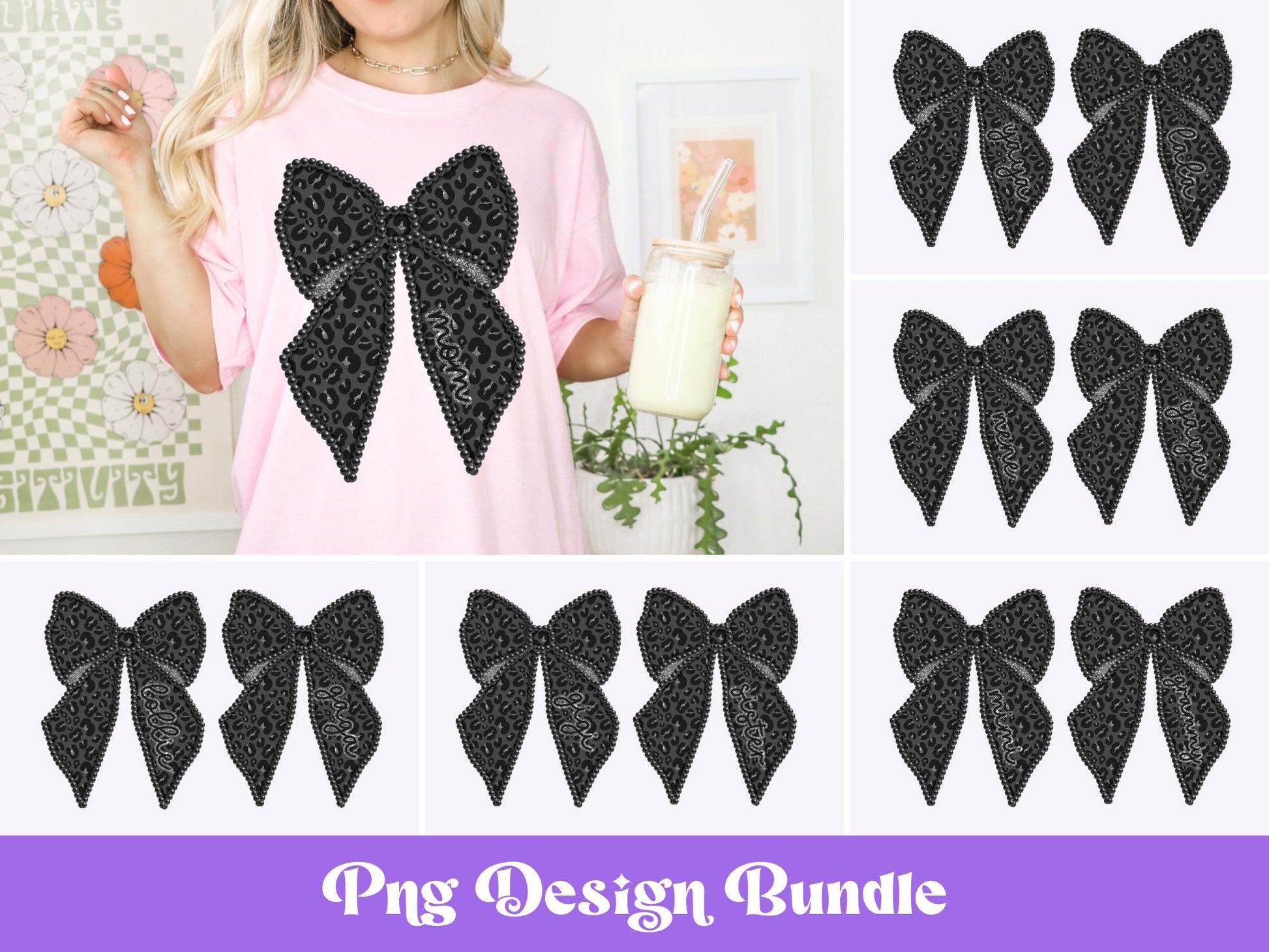 Pearl Coquette Bow PNG Bundle: Glitter Leopard Print, Shirt Design (Digital Download)