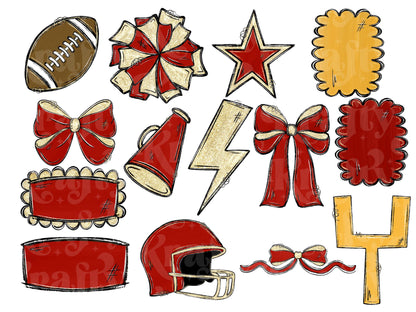 Football Clipart PNG Bundle, Hand Drawn, Commercial Use, Red and Gold, School Spirit