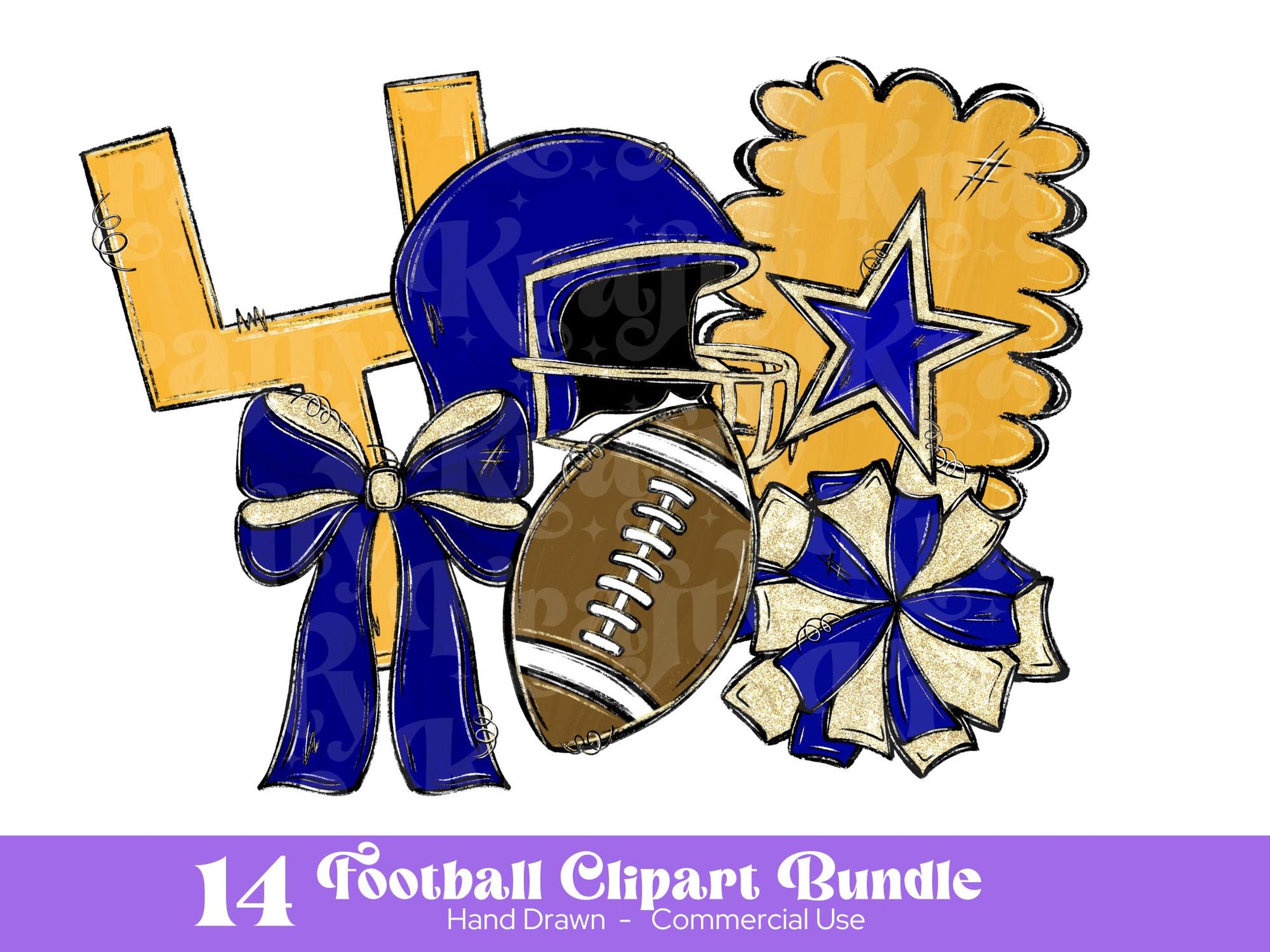 Football Clipart PNG Bundle, Hand Drawn, Commercial Use, School Spirit, Game Day