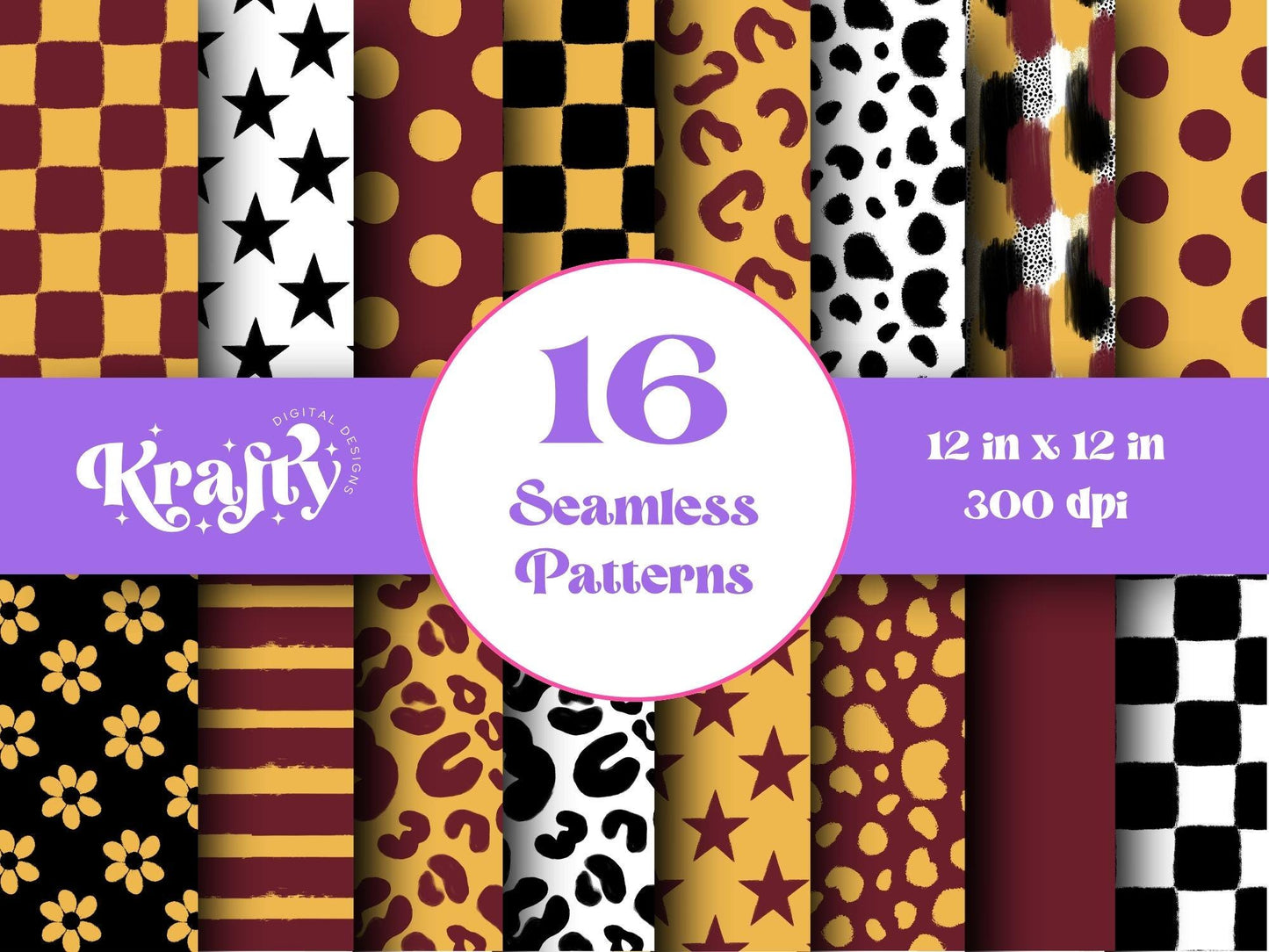 School Colors Seamless Pattern, Digital Repeatable Pattern, Hand Drawn, Scrapbook Paper, Maroon
