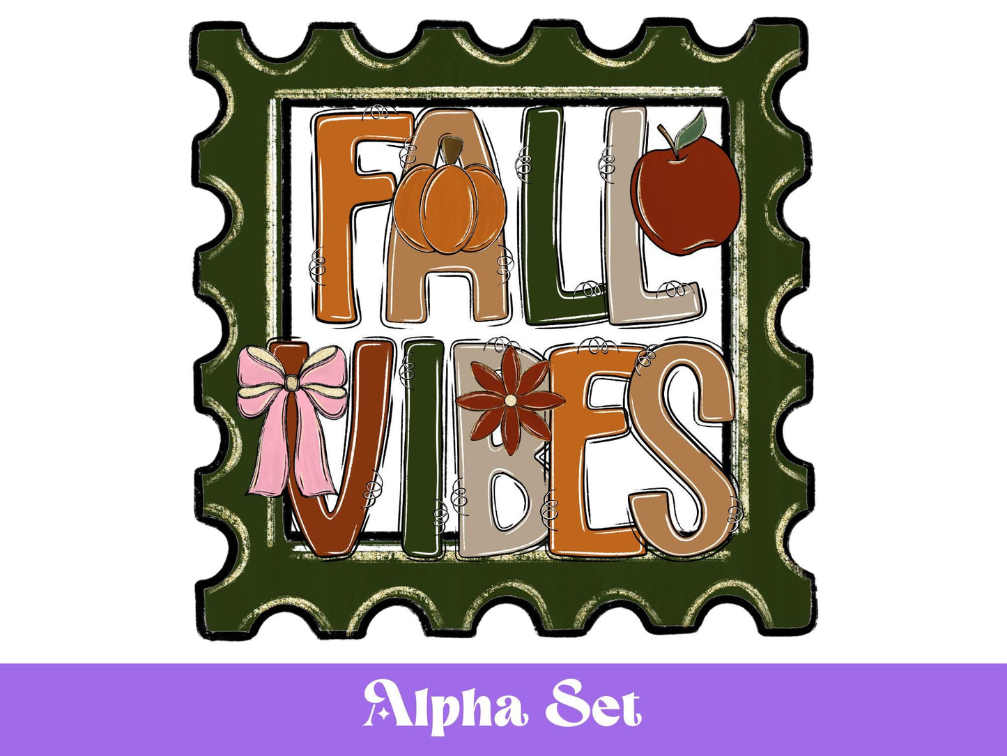 Preppy Fall Alphabet Clipart Set: Pumpkin Postage Stamp Doodle Letters (PNG Digital Download)