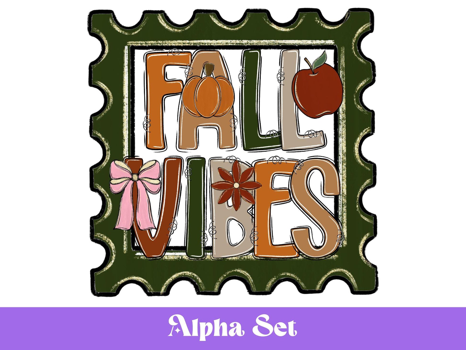Preppy Fall Alphabet Clipart Set: Pumpkin Postage Stamp Doodle Letters (PNG Digital Download)