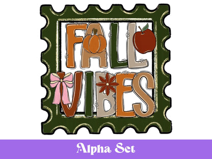 Preppy Fall Alphabet Clipart Set: Pumpkin Postage Stamp Doodle Letters (PNG Digital Download)