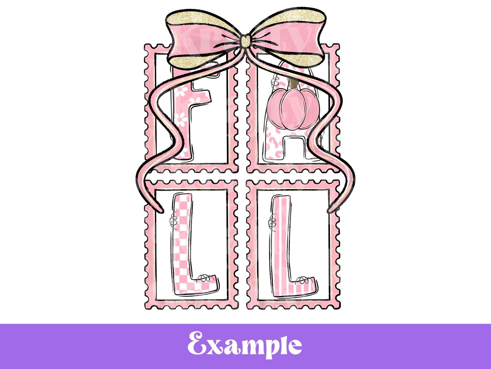 Preppy Fall Alphabet Clipart Set: Doodle Letters, Pumpkin, Apples, Coquette Bows (PNG Digital Download)