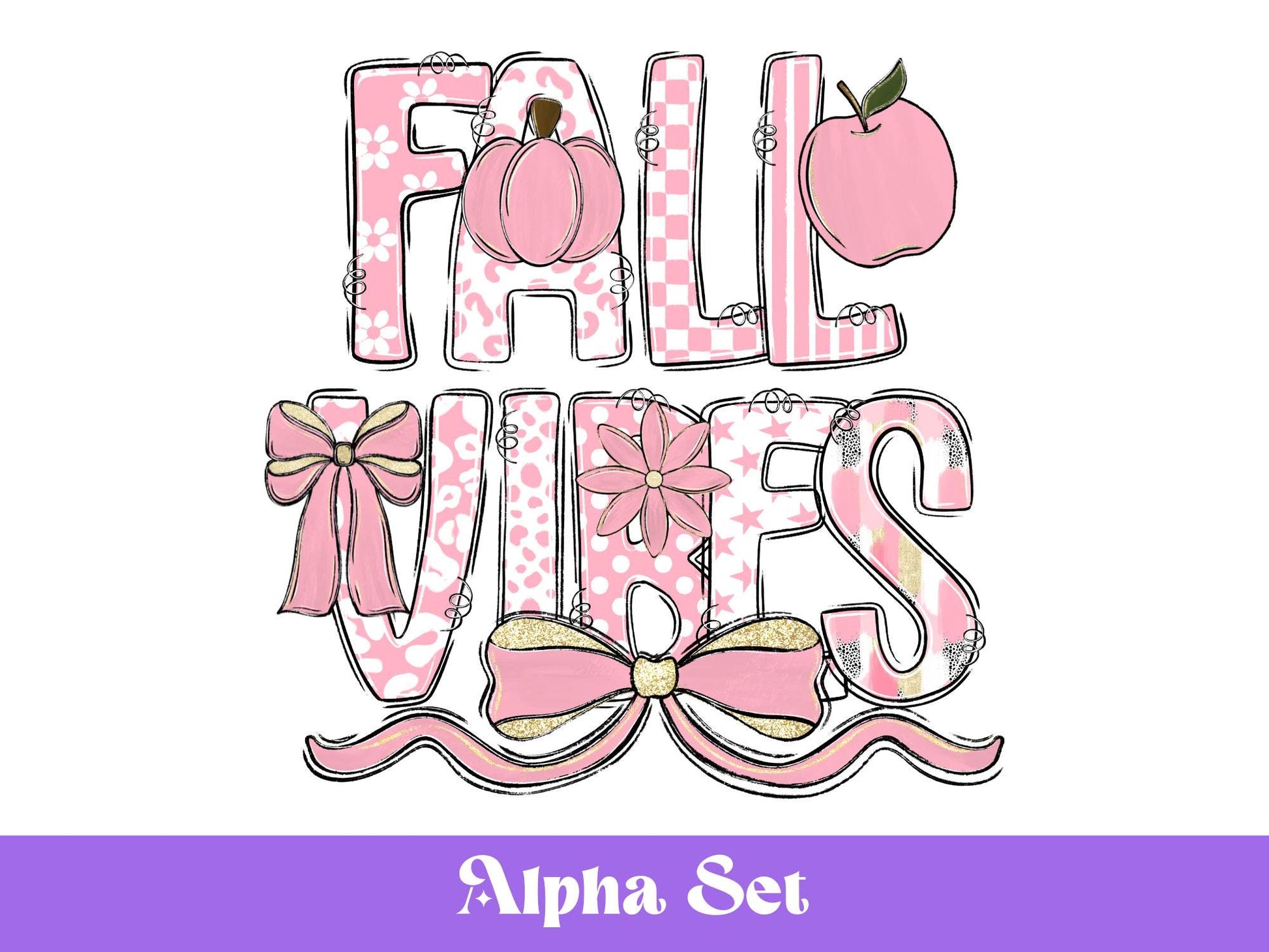 Preppy Fall Alphabet Clipart Set: Doodle Letters, Pumpkin, Apples, Coquette Bows (PNG Digital Download)
