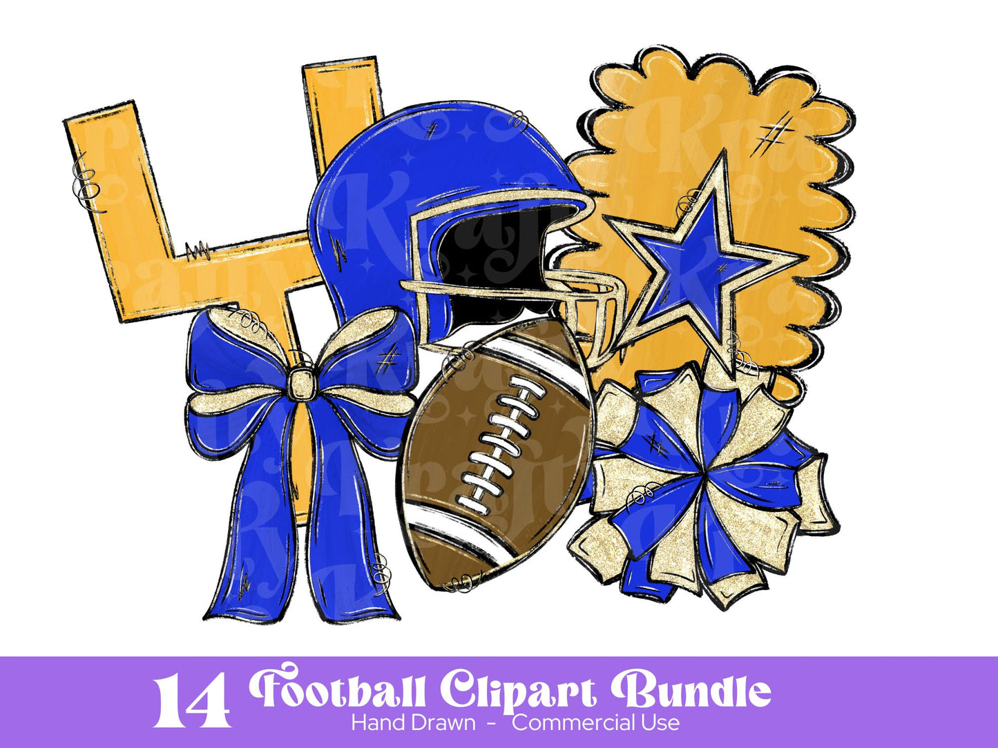 Royal Blue & Gold Football Clipart PNG Bundle: Hand Drawn Designs