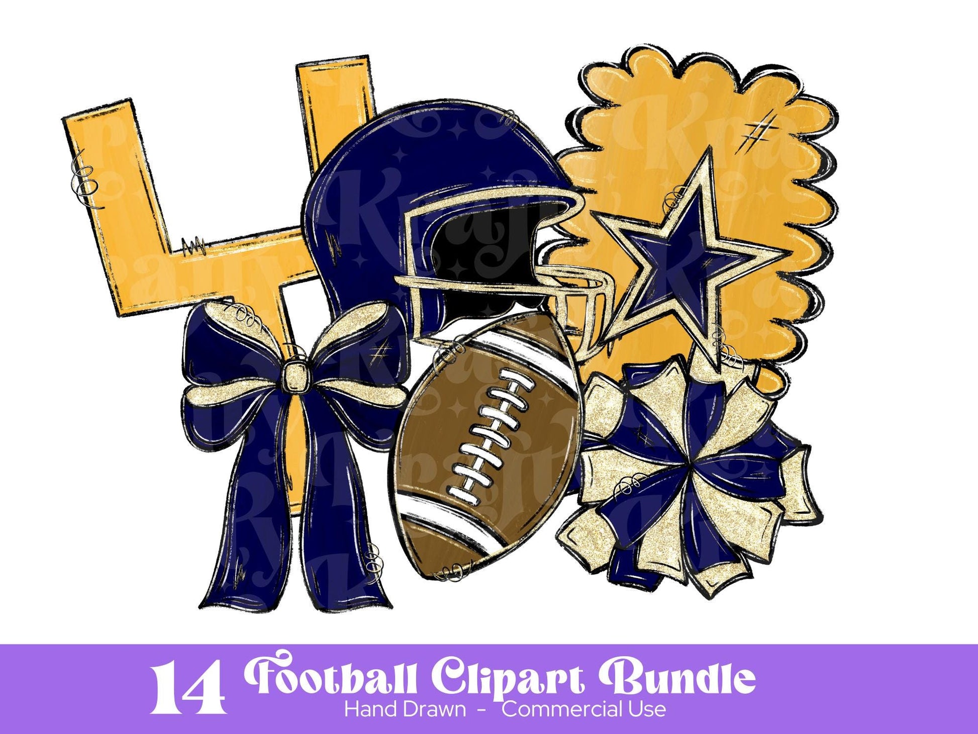 Football Clipart PNG Bundle, Hand Drawn, Commercial Use, School Spirit, Navy