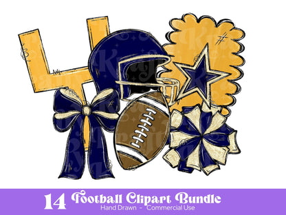 Football Clipart PNG Bundle, Hand Drawn, Commercial Use, School Spirit, Navy