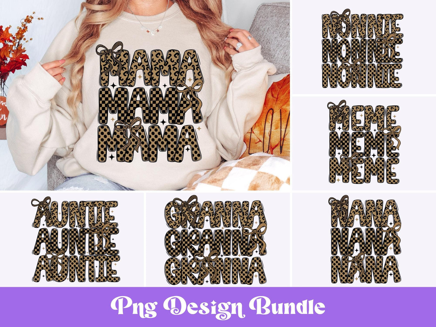 Fall Coquette Bow PNG Bundle: Checkered, Leopard, Polka Dot Prints (Digital Download)