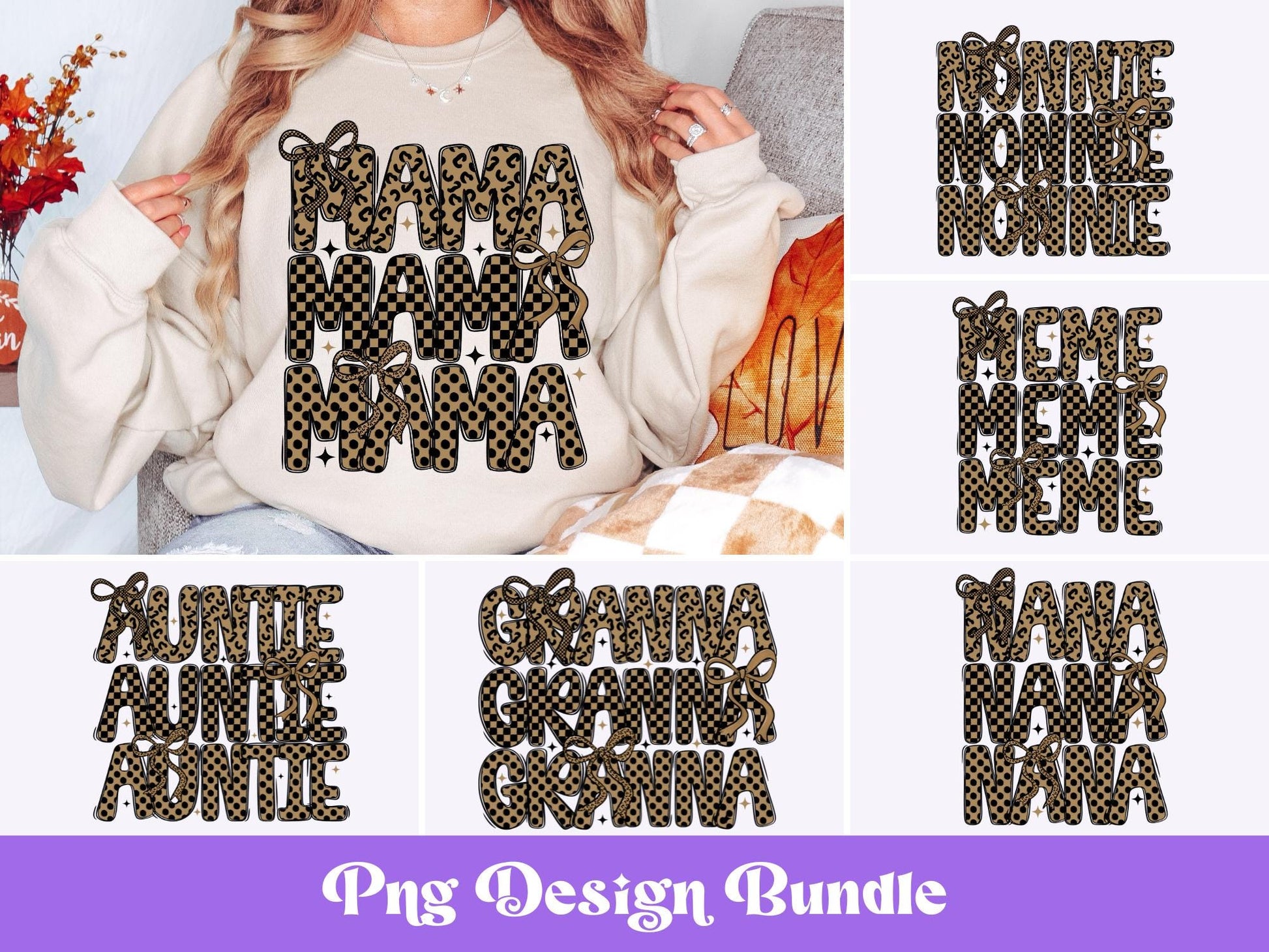 Fall Coquette Bow PNG Bundle: Checkered, Leopard, Polka Dot Prints (Digital Download)