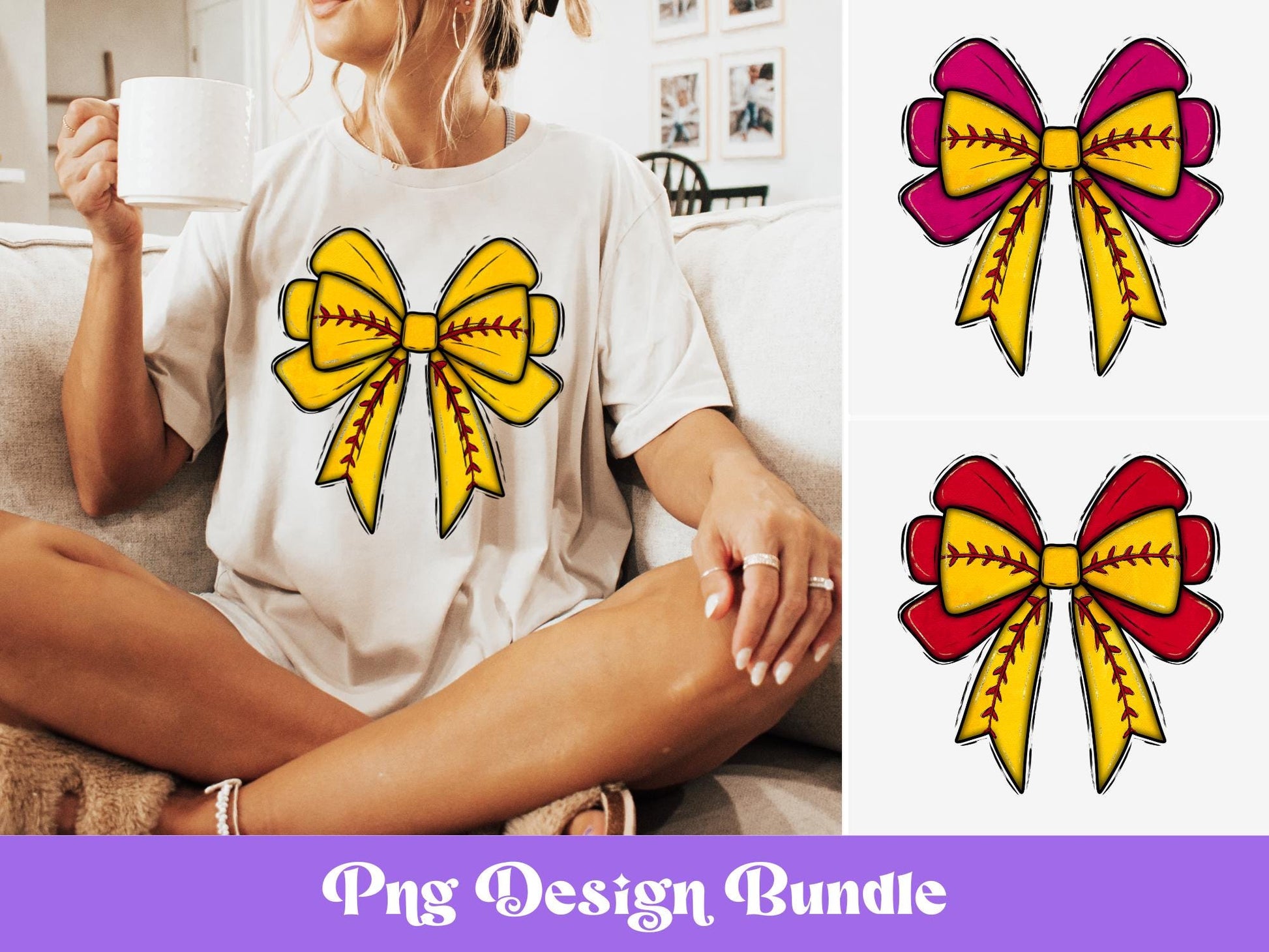 Coquette Softball Bow PNG Bundle: Glitter Game Day Design (Digital Download