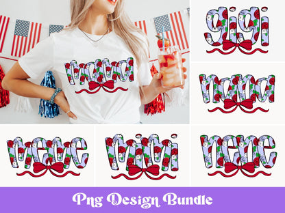 Floral Name PNG Design: Watercolor Coquette Bow, Patriotic 4th of July (Digital File)