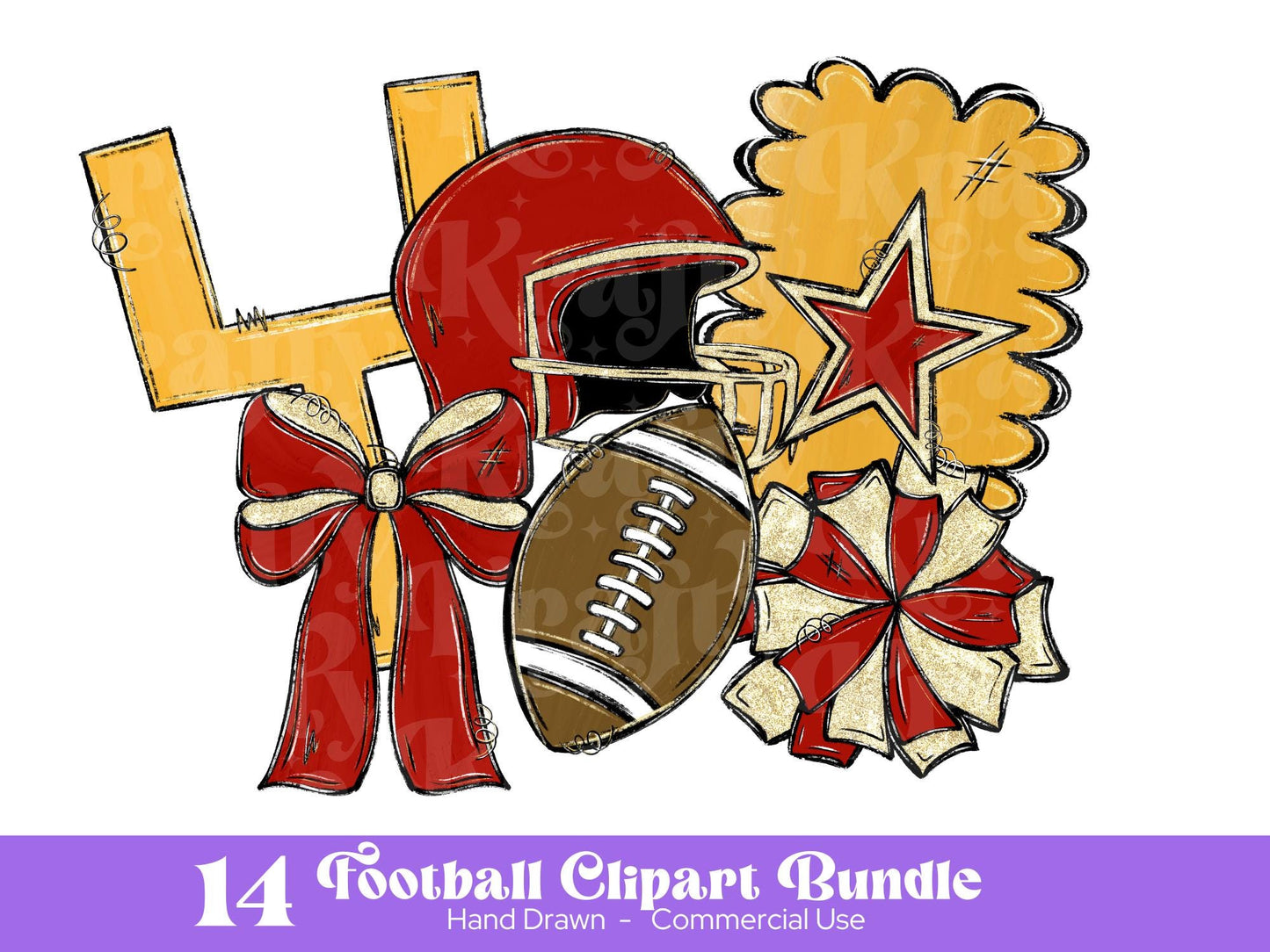 Football Clipart PNG Bundle, Hand Drawn, Commercial Use, Red and Gold, School Spirit