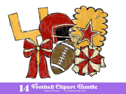Football Clipart PNG Bundle, Hand Drawn, Commercial Use, Red and Gold, School Spirit