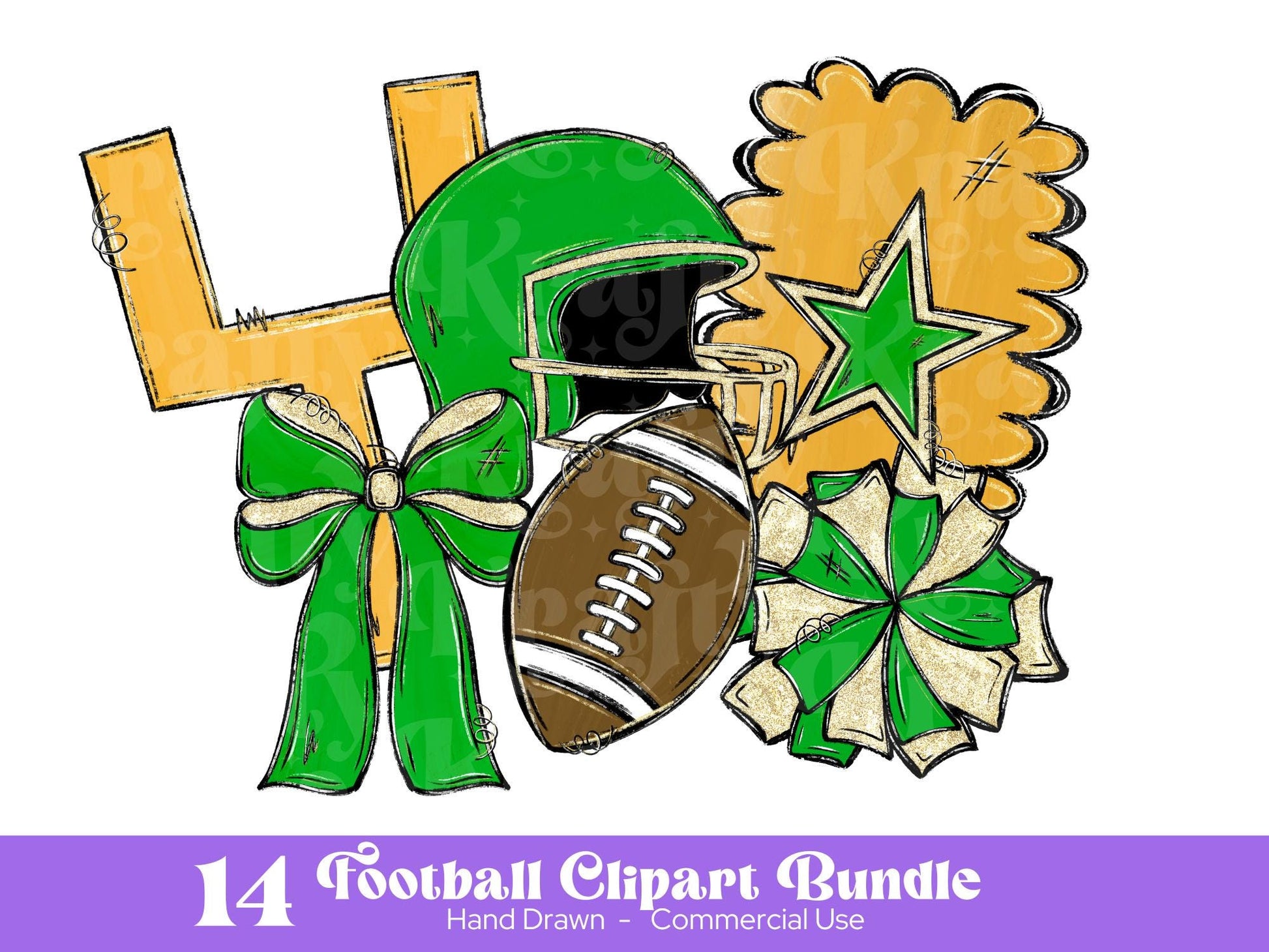 Football Clipart PNG Bundle, Hand Drawn, Commercial Use, School Spirit, Game Day