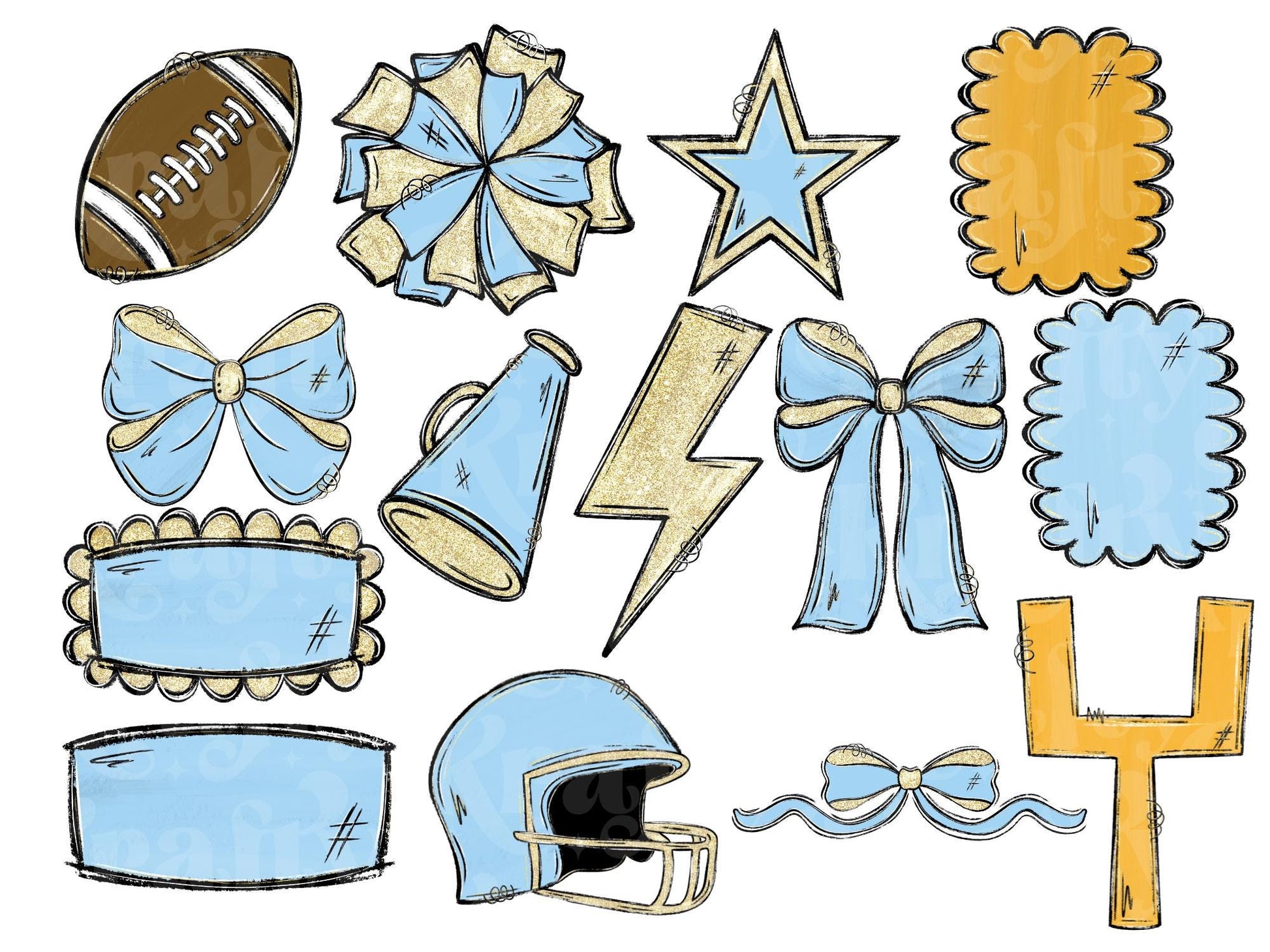 Football Clipart PNG Bundle: Hand Drawn, Light Blue & Gold Glitter (Commercial Use Allowed)