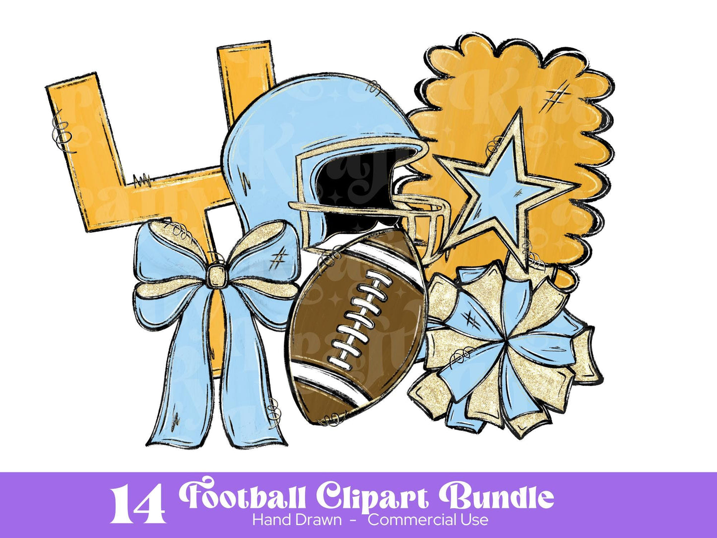 Football Clipart PNG Bundle: Hand Drawn, Light Blue & Gold Glitter (Commercial Use Allowed)