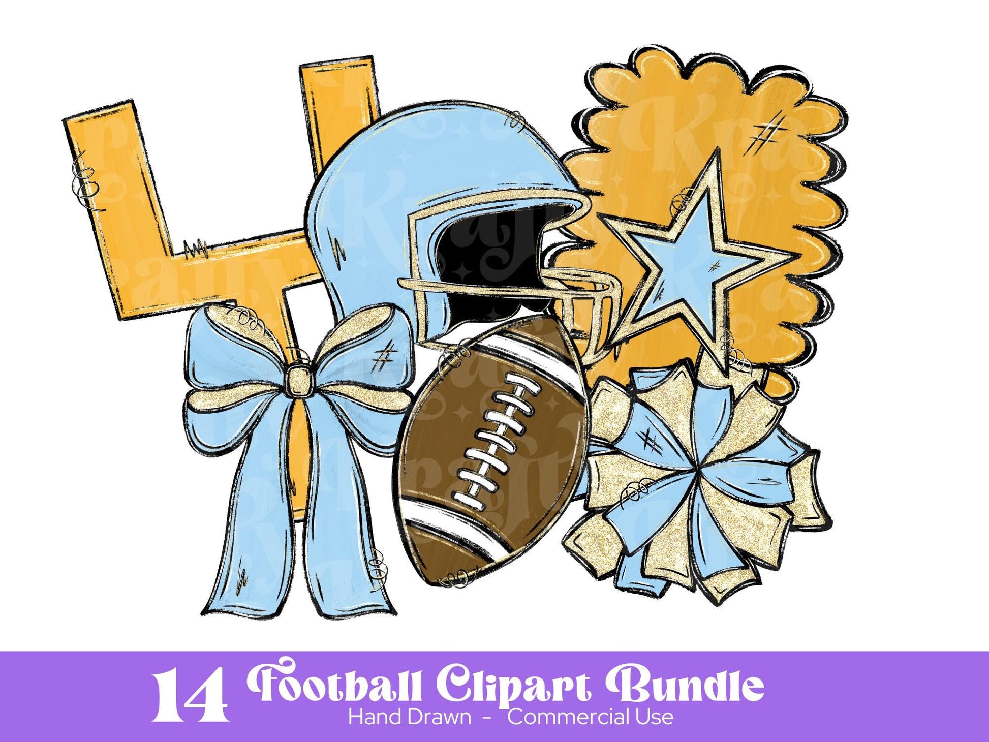 Football Clipart PNG Bundle: Hand Drawn, Light Blue & Gold Glitter (Commercial Use Allowed)