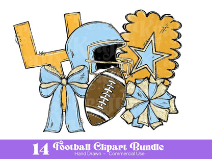 Football Clipart PNG Bundle: Hand Drawn, Light Blue & Gold Glitter (Commercial Use Allowed)