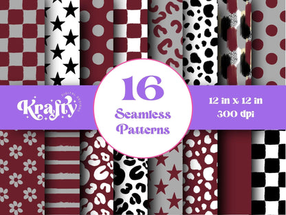 School Colors Seamless Pattern, Digital Repeatable Pattern, Hand Drawn, Scrapbook Paper, Maroon