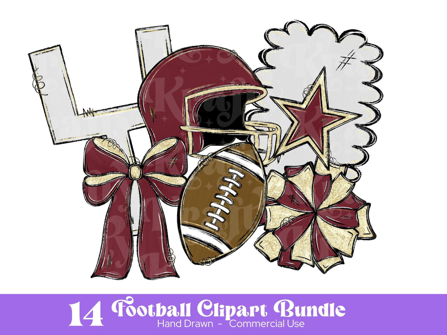 Football Clipart PNG Bundle: Hand Drawn, Maroon and Gold (Commercial Use )