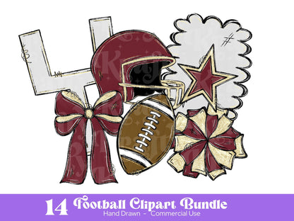 Football Clipart PNG Bundle: Hand Drawn, Maroon and Gold (Commercial Use )