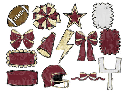 Football Clipart PNG Bundle: Hand Drawn, Maroon and Gold (Commercial Use )