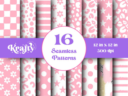 Preppy Pink Seamless Pattern, Hand Drawn, Scrapbook Paper, Pink Out