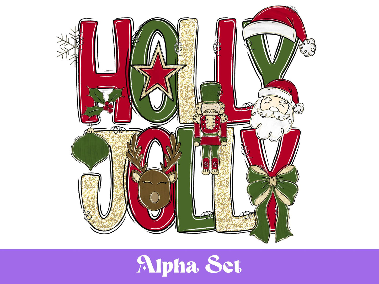 Preppy Christmas Alphabet Clipart Set: Doodle Letters, Santa, Reindeer (PNG Digital Download)