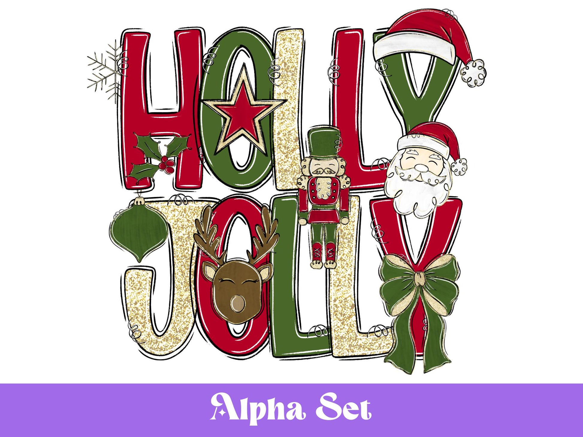 Preppy Christmas Alphabet Clipart Set: Doodle Letters, Santa, Reindeer (PNG Digital Download)
