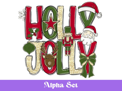 Preppy Christmas Alphabet Clipart Set: Doodle Letters, Santa, Reindeer (PNG Digital Download)