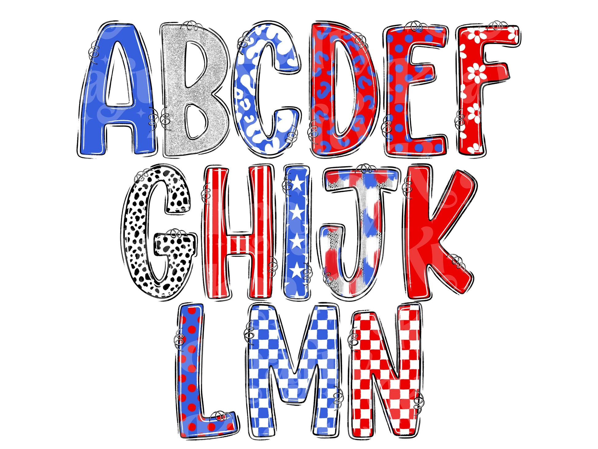 School Spirit Alphabet Set, Hand Drawn, Coquette Bow Team Mascot Doodle Alpha, Football Clipart