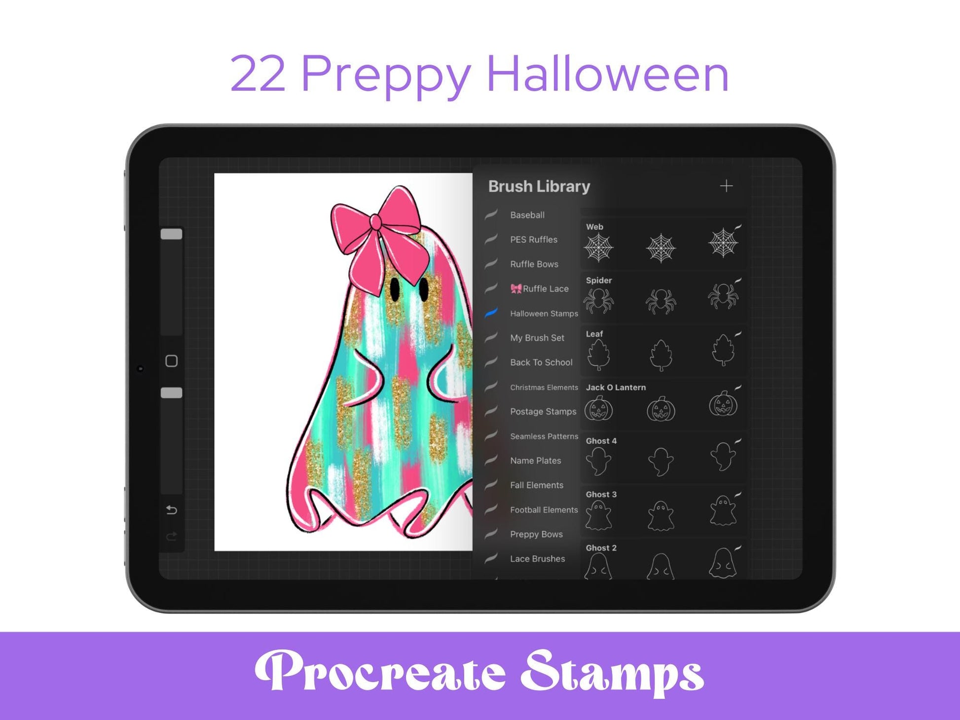 Preppy Halloween Stamps: Bows, Pumpkins, Ghosts (Digital Brush Bundle, Commercial Use)