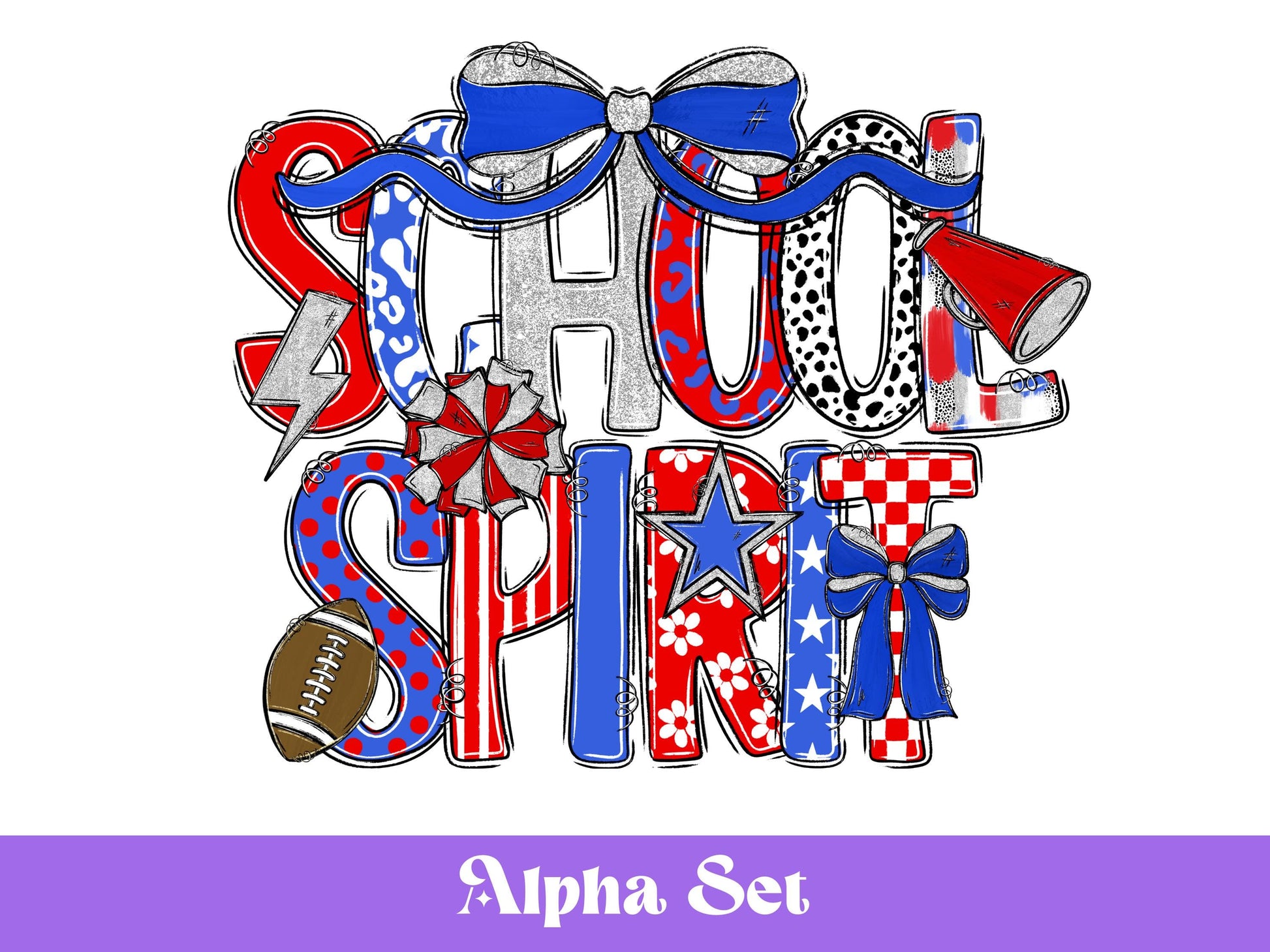 School Spirit Alphabet Set, Hand Drawn, Coquette Bow Team Mascot Doodle Alpha, Football Clipart