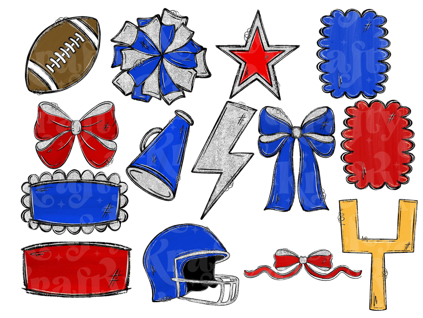 School Spirit Alphabet Set, Hand Drawn, Coquette Bow Team Mascot Doodle Alpha, Football Clipart