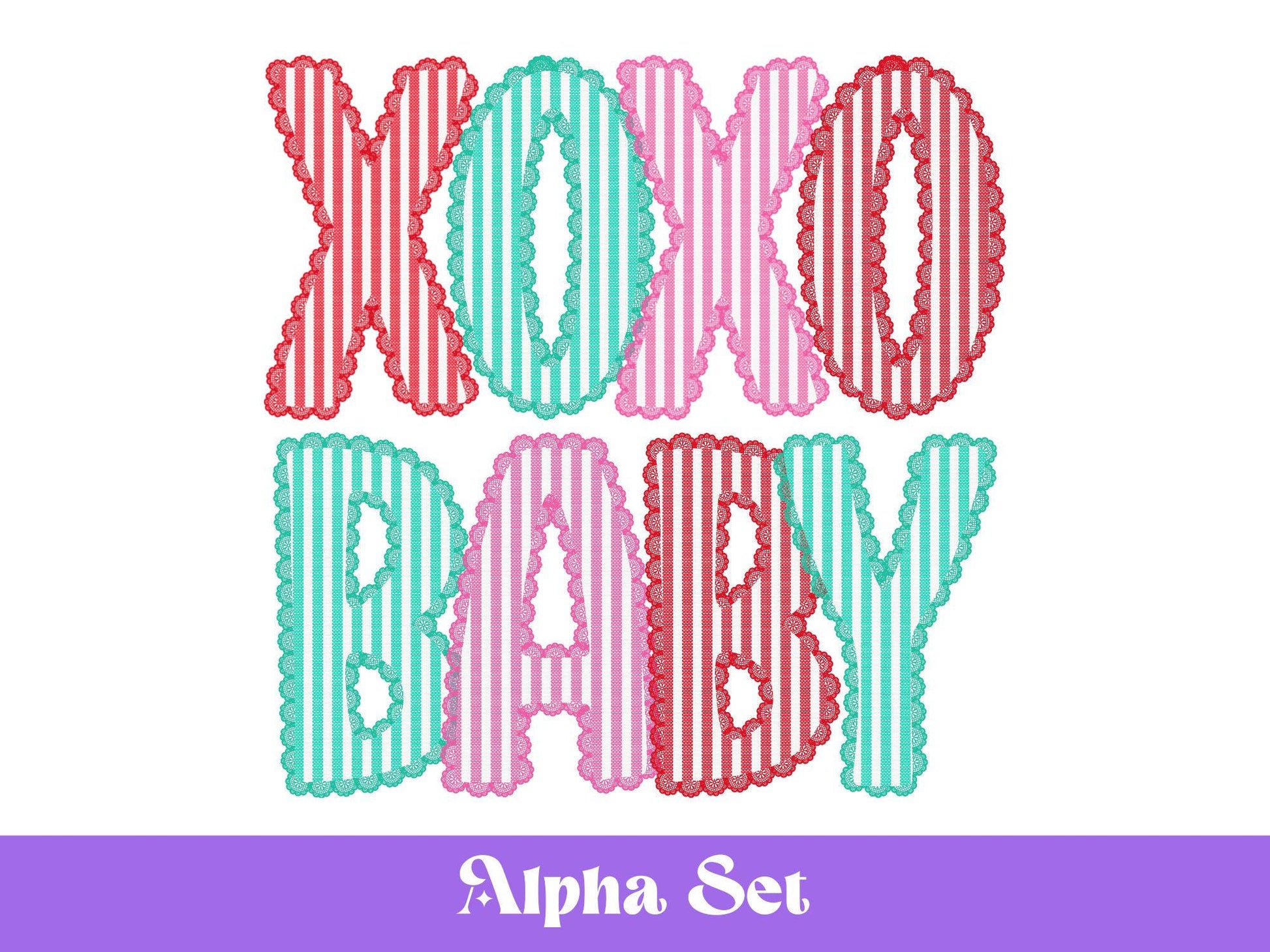 Valentine's Day Seersucker Lace Alpha PNG Set, Alphabet Clipart, Hand Drawn Doodle Letters