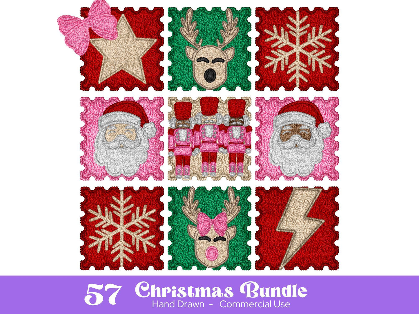 Faux Yarn PNG Bundle: Christmas Clipart, Hand Drawn Santa, Reindeer
